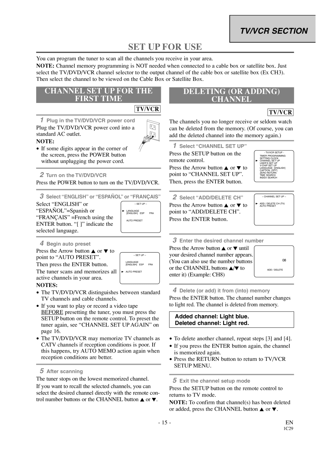 Symphonic WF719 owner manual SET UP for USE, Channel SET UP for First Time, Deleting or Adding Channel 