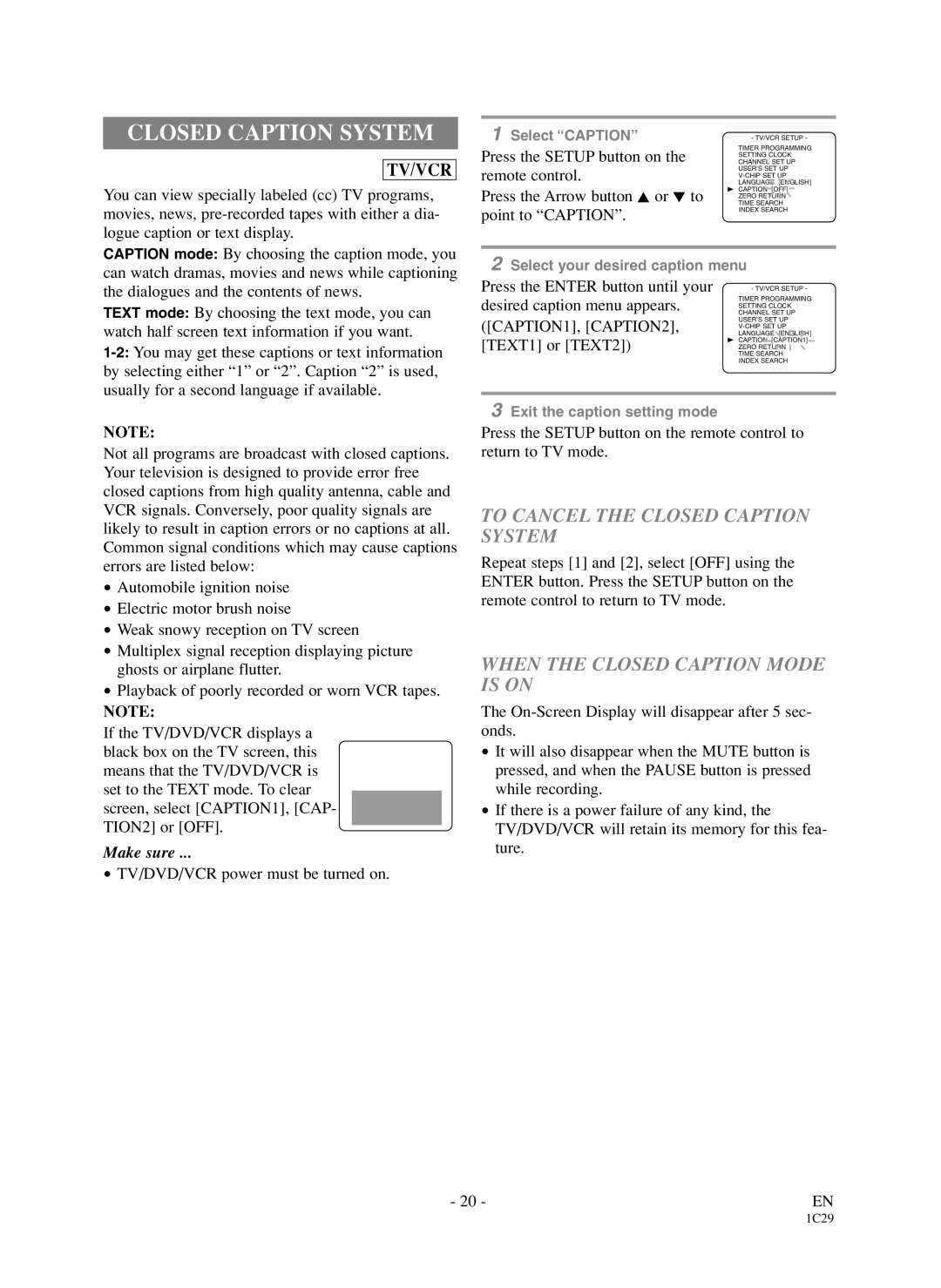 Symphonic WF719 To Cancel the Closed Caption System, When the Closed Caption Mode is on, CAPTION1, CAPTION2 