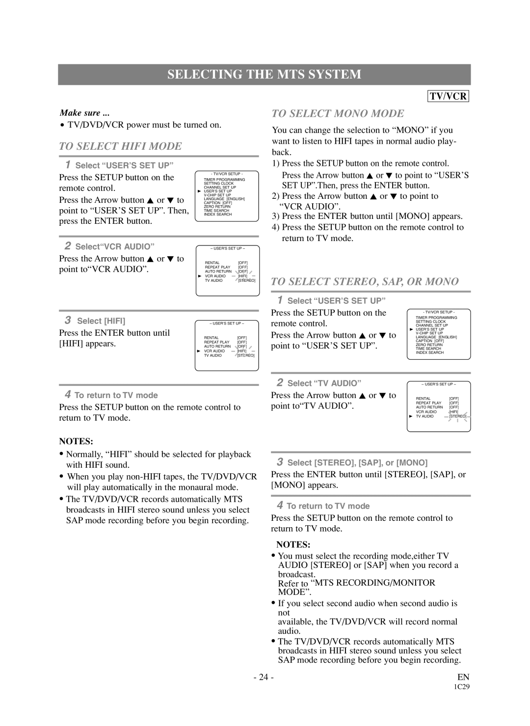 Symphonic WF719 Selecting the MTS System, To Select Hifi Mode, To Select Mono Mode, To Select STEREO, SAP, or Mono 