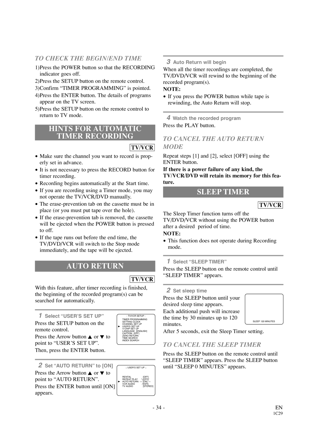 Symphonic WF719 owner manual Hints for Automatic Timer Recording, Auto Return, Sleep Timer 