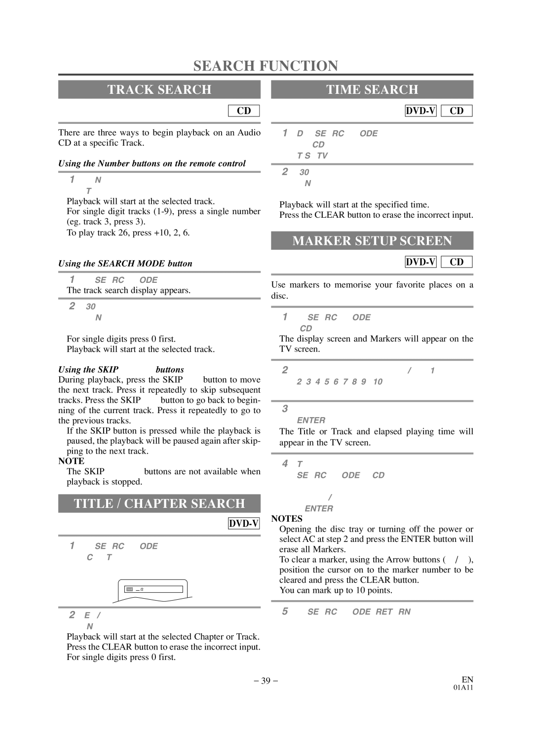 Symphonic WF719 owner manual Search Function, Track Search, Title / Chapter Search, Marker Setup Screen 