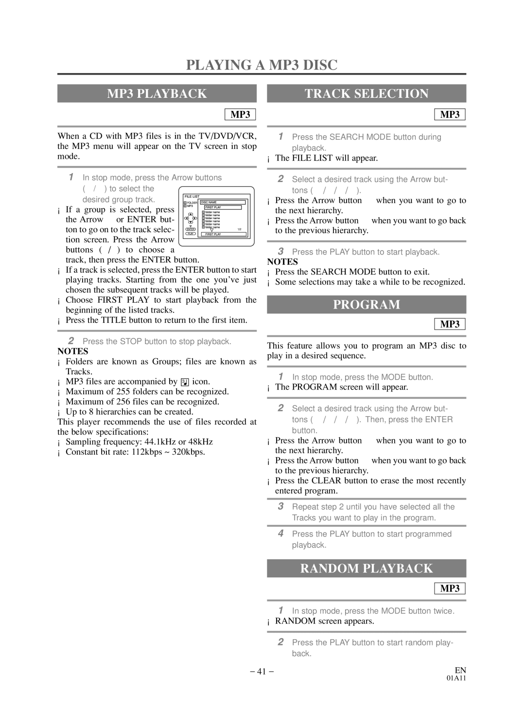 Symphonic WF719 owner manual Playing a MP3 Disc, MP3 Playback, Program, ¡The File List will appear 