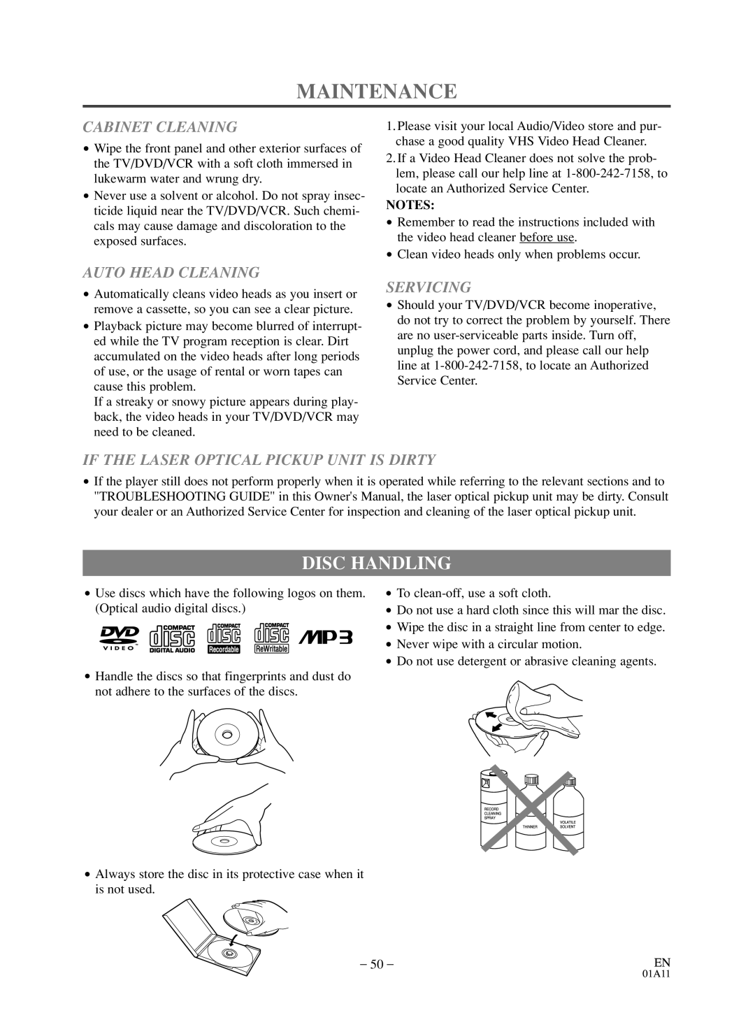 Symphonic WF719 owner manual Maintenance, Disc Handling 