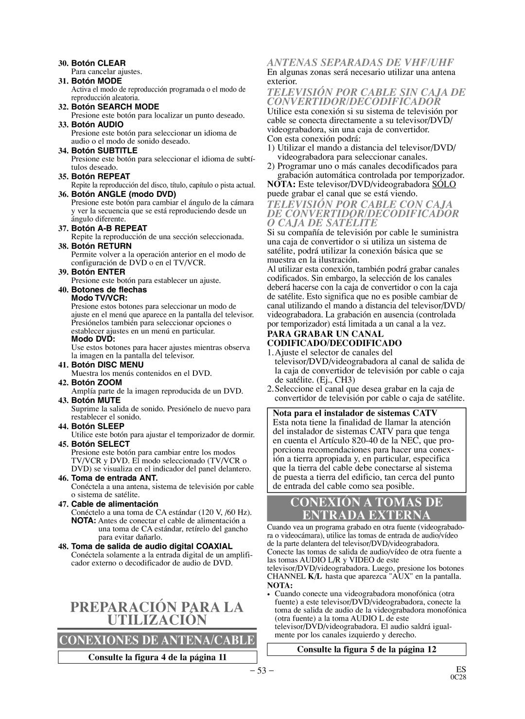 Symphonic WF719 Preparación Para LA Utilización, Conexión a Tomas DE Entrada Externa, Antenas Separadas DE VHF/UHF 