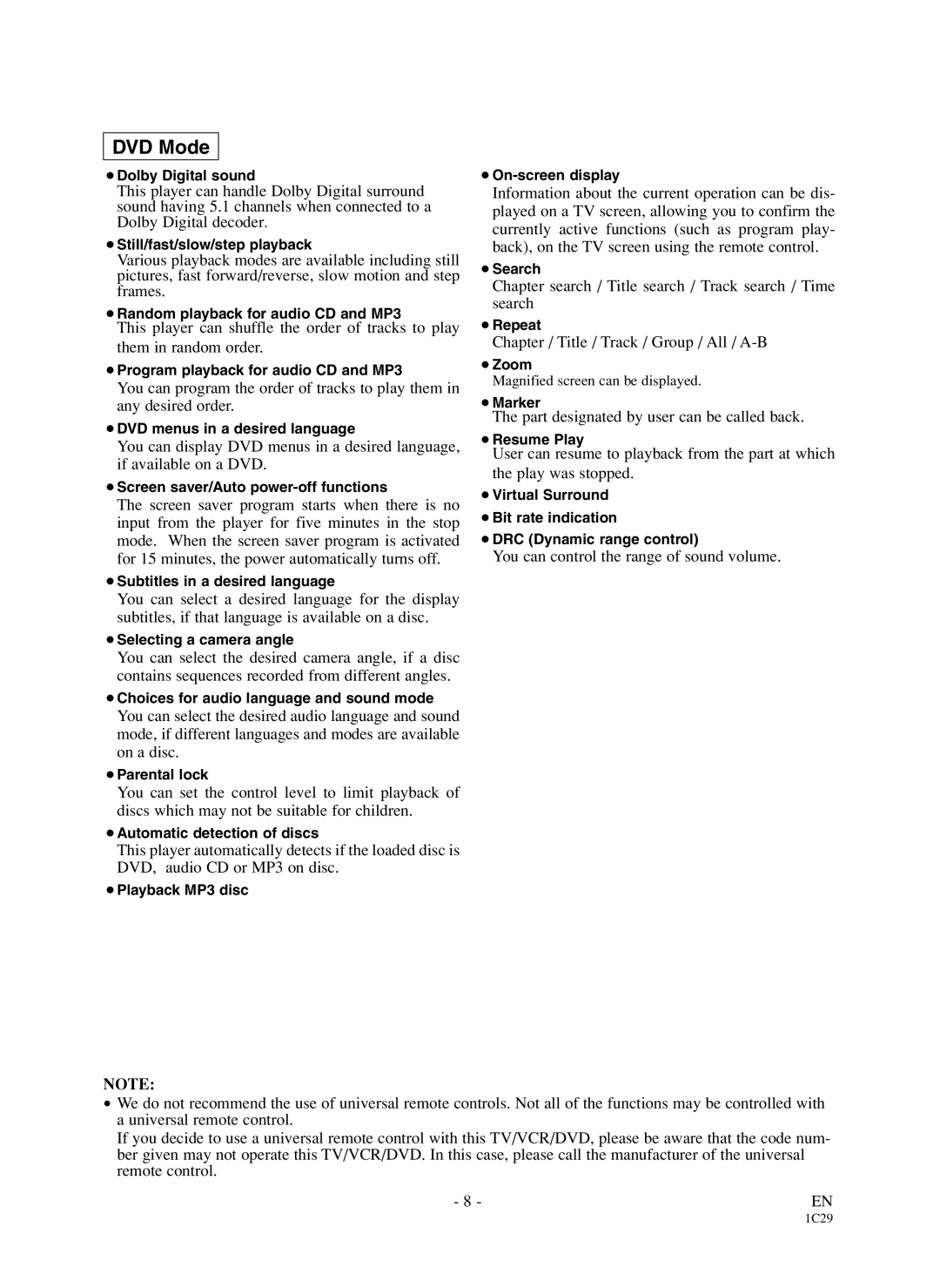 Symphonic WF719 Chapter search / Title search / Track search / Time search, Chapter / Title / Track / Group / All / A-B 