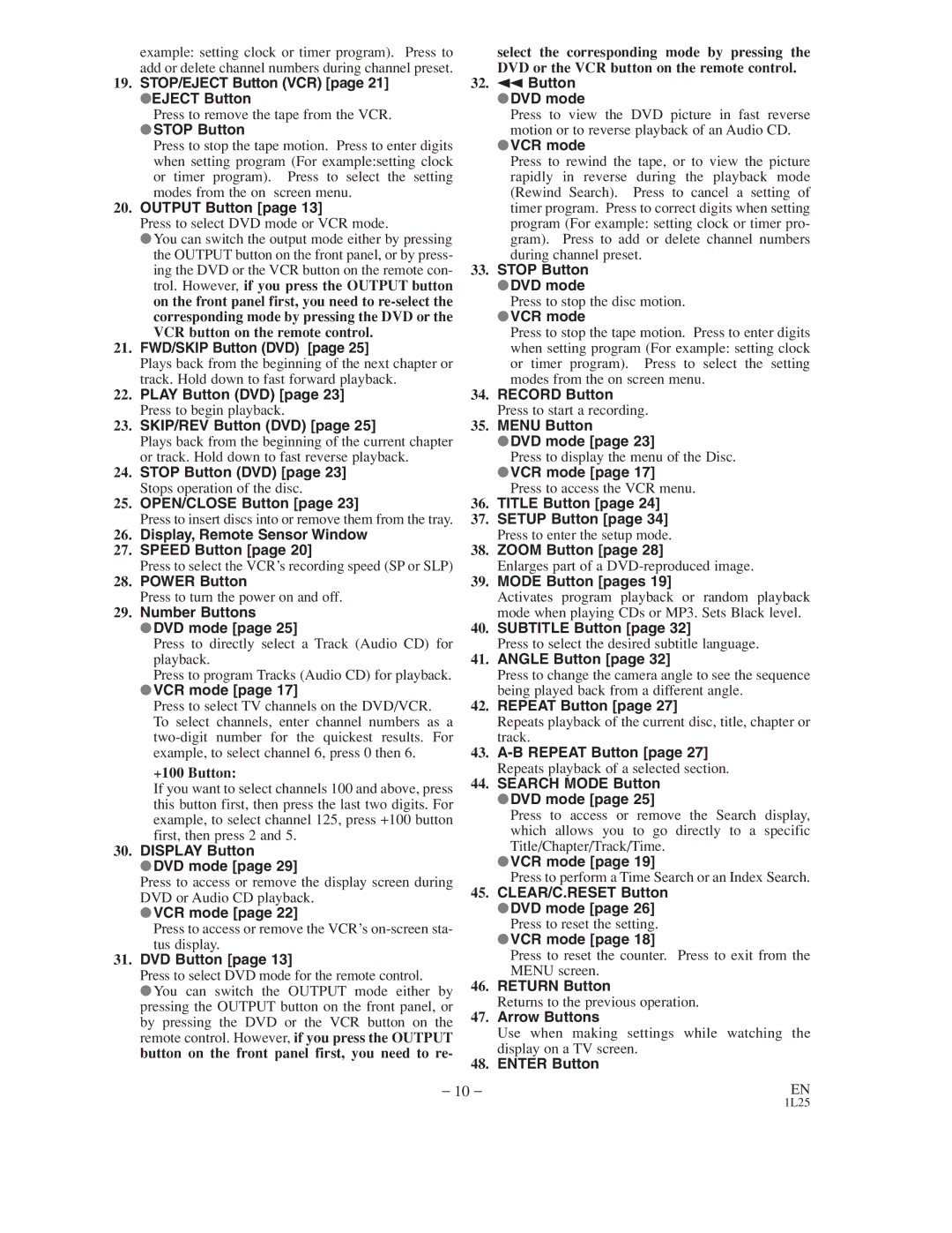 Symphonic WF802 STOP/EJECT Button VCR page 21 Eject Button, Stop Button, Output Button, FWD/SKIP Button DVD, VCR mode 