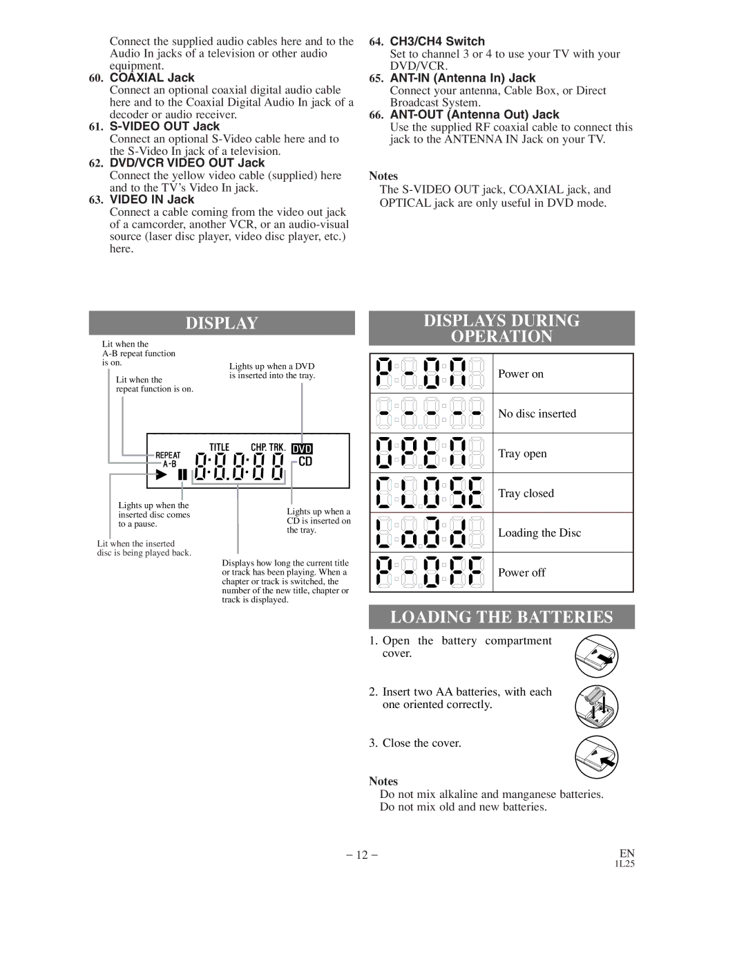 Symphonic WF802 owner manual Display Displays During, Operation, Loading the Batteries 