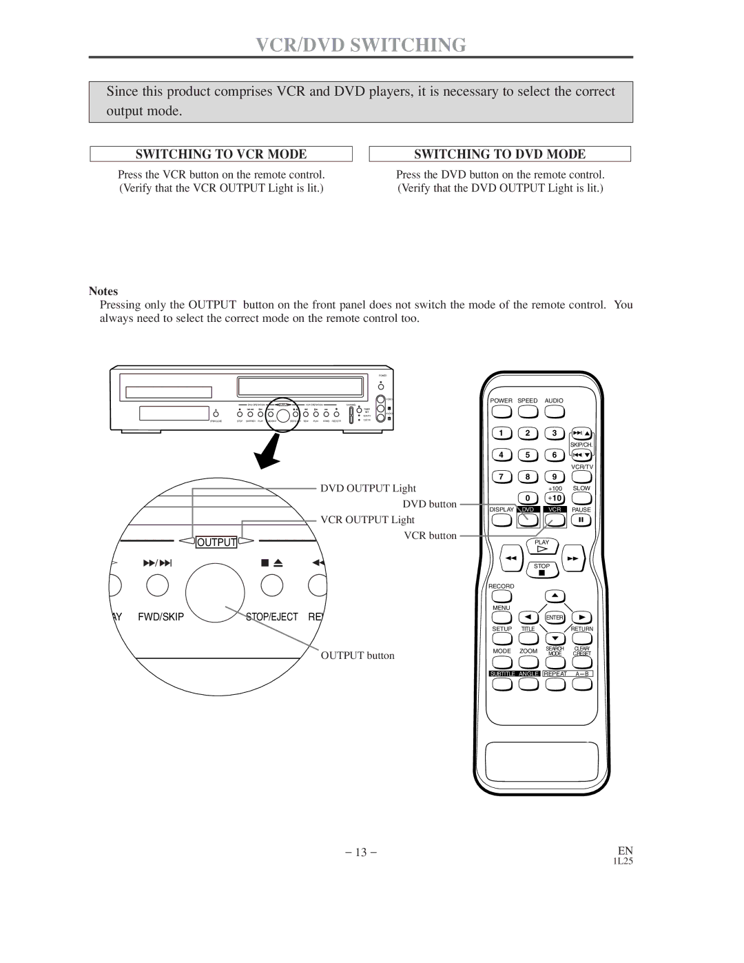 Symphonic WF802 owner manual VCR/DVD Switching, Switching to VCR Mode Switching to DVD Mode 