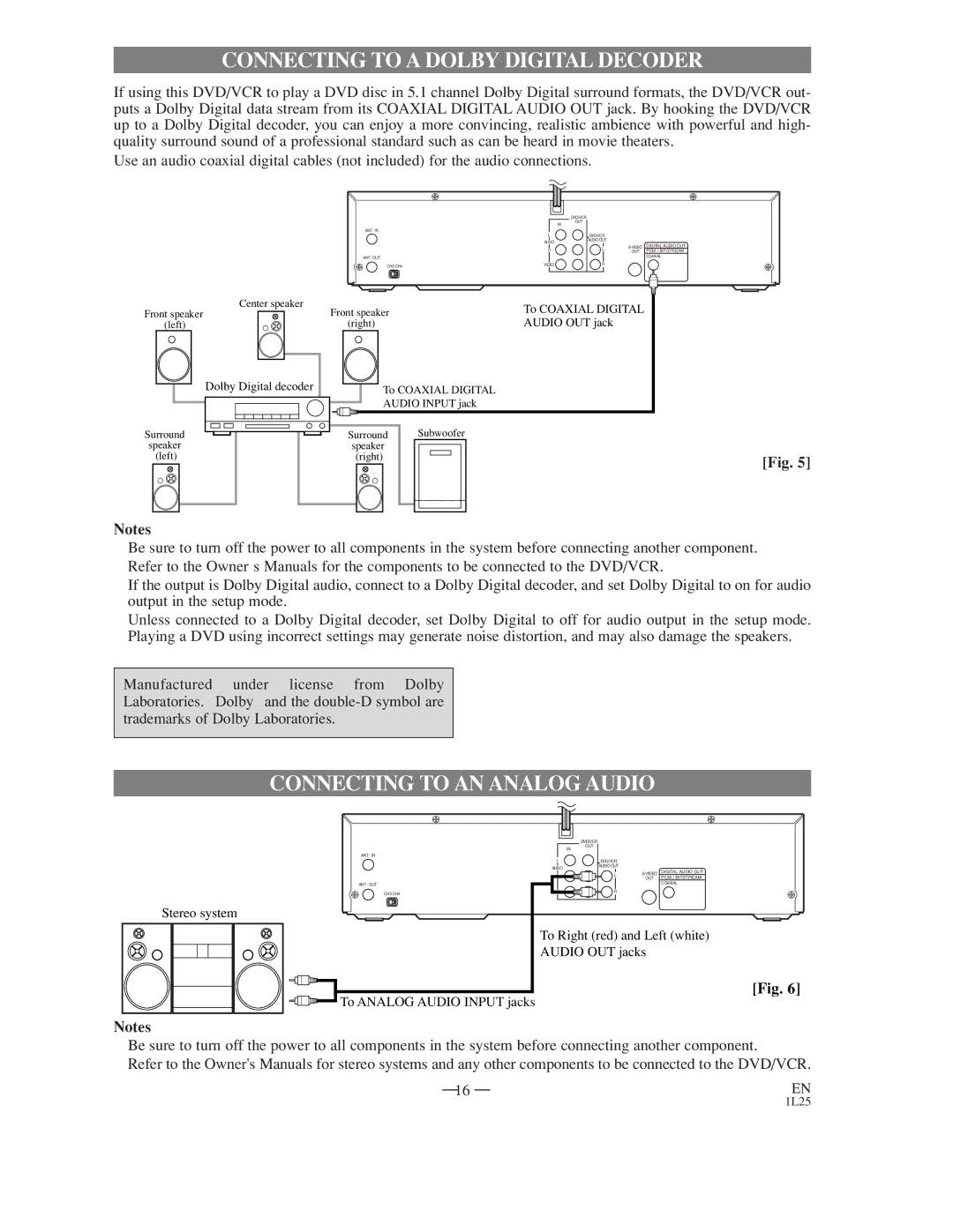 Symphonic WF802 owner manual Connecting to a Dolby Digital Decoder, Connecting to AN Analog Audio 