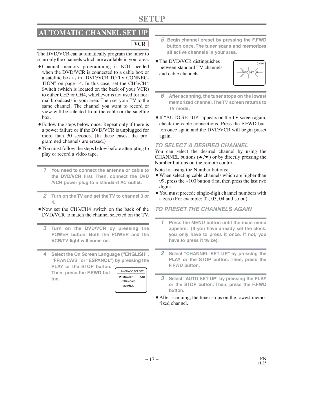 Symphonic WF802 owner manual Setup, Automatic Channel SET UP, To Select a Desired Channel, To Preset the Channels Again 