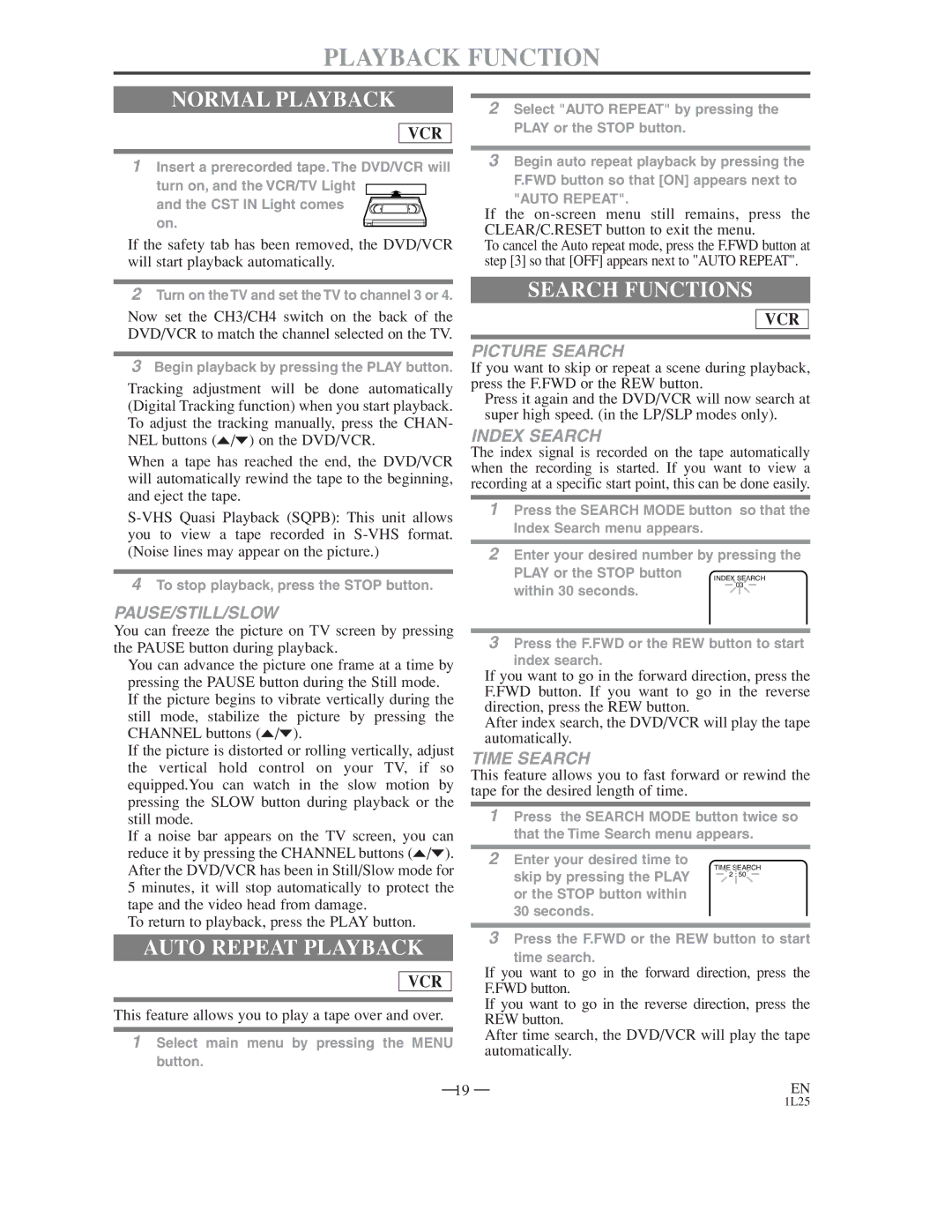 Symphonic WF802 owner manual Playback Function, Normal Playback, Search Functions, Auto Repeat Playback 