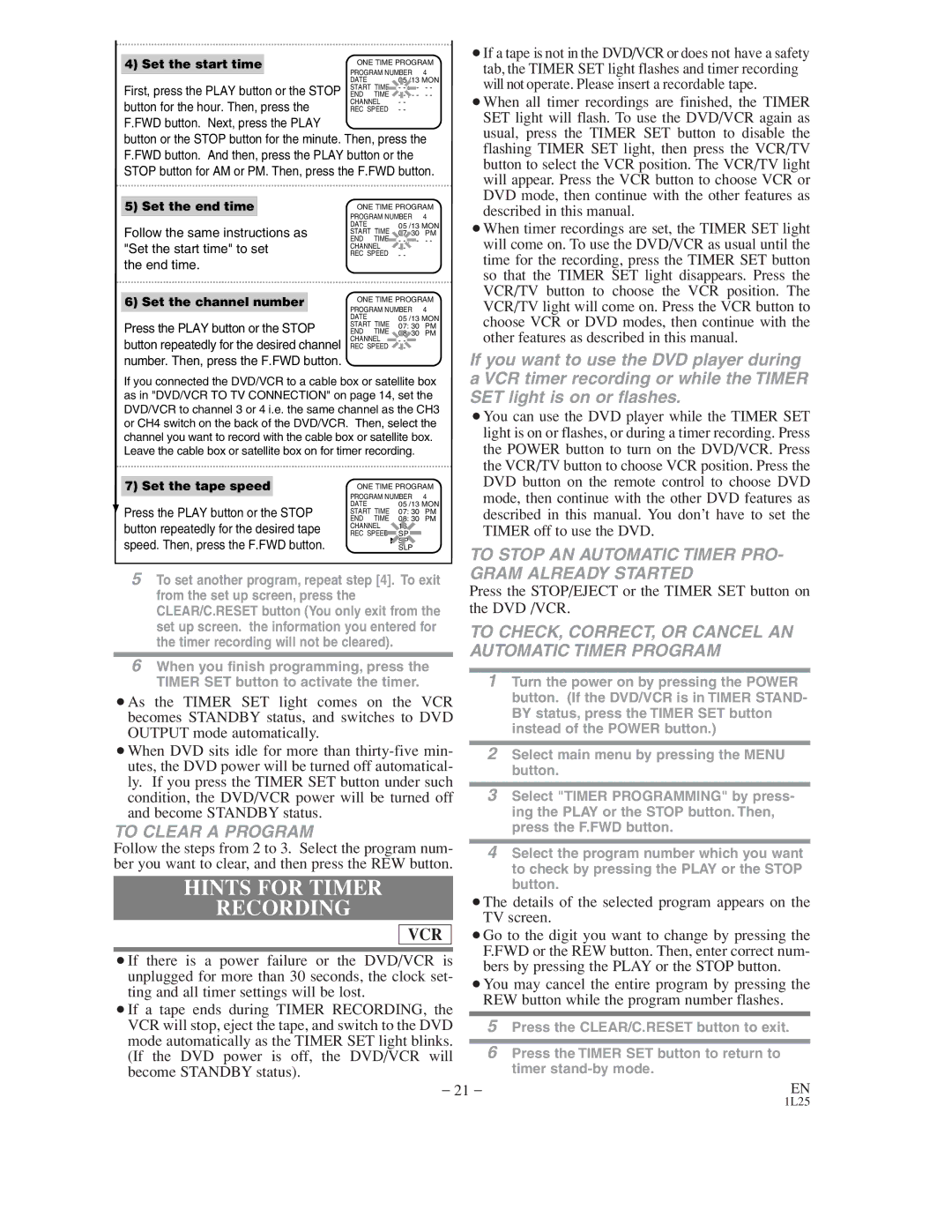 Symphonic WF802 Hints for Timer Recording, To Clear a Program, To Stop AN Automatic Timer PRO- Gram Already Started 