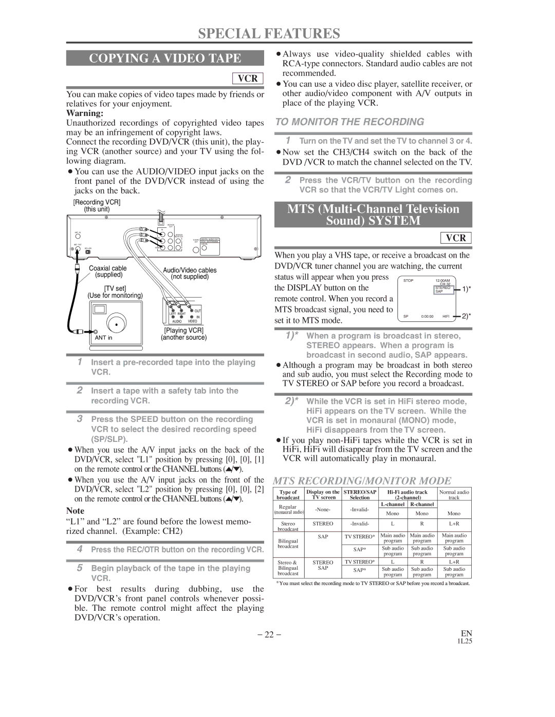 Symphonic WF802 owner manual Special Features, Copying a Video Tape, MTS Multi-Channel Television Sound System 