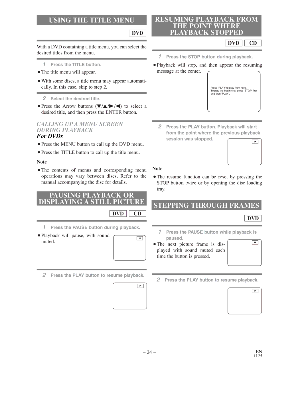 Symphonic WF802 owner manual Using the Title Menu, Pausing Playback or Displaying a Still Picture, Stepping Through Frames 