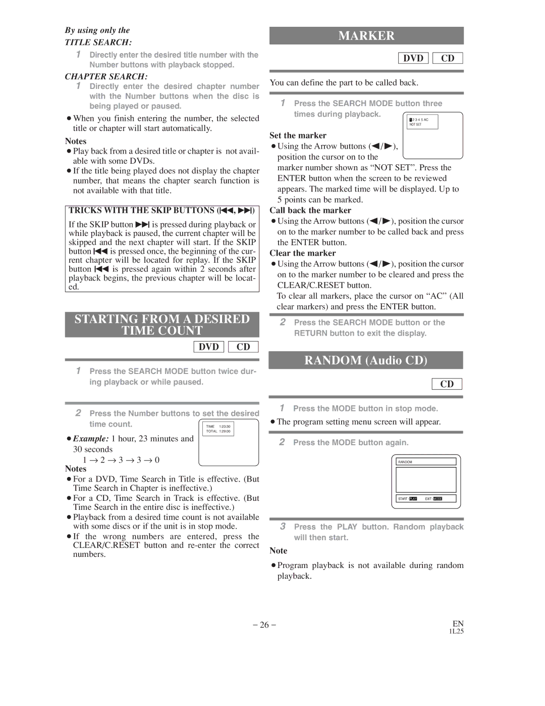 Symphonic WF802 owner manual Starting from a Desired Time Count, Marker, Random Audio CD 