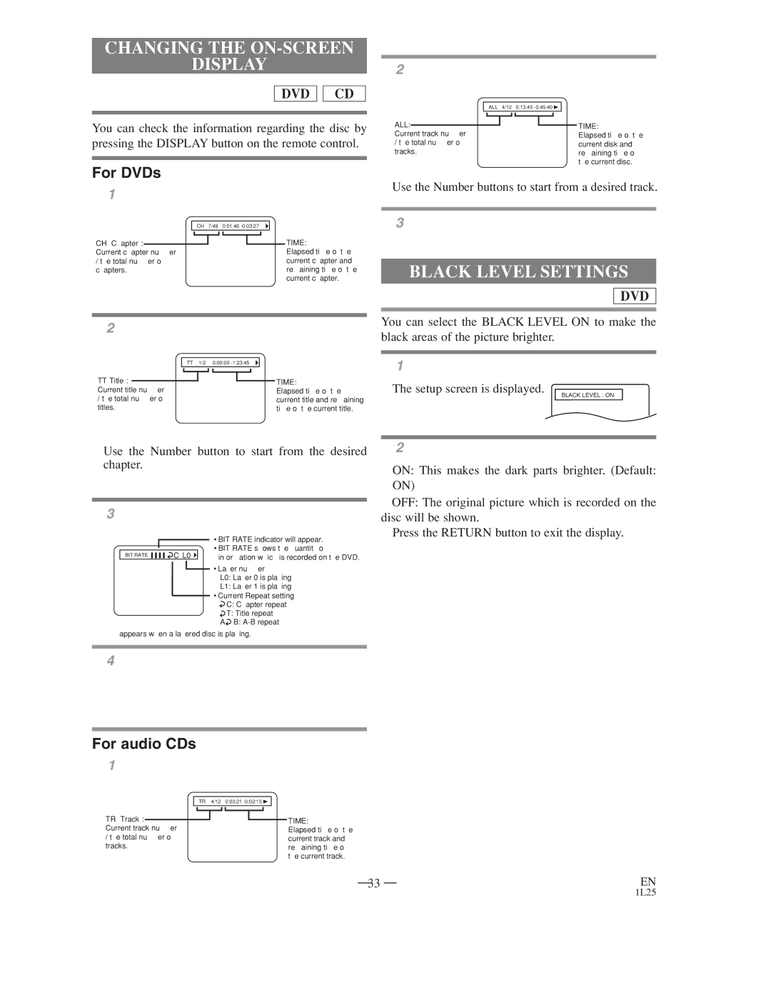 Symphonic WF802 owner manual Changing the ON-SCREEN Display, Black Level Settings, ¡The setup screen is displayed 