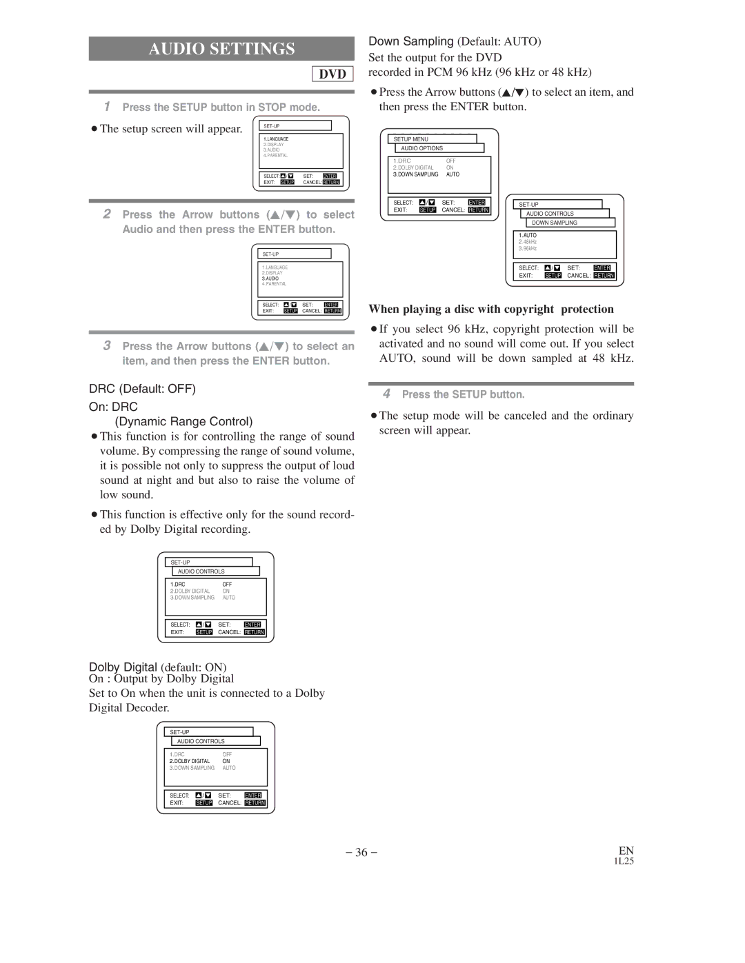 Symphonic WF802 owner manual Audio Settings, When playing a disc with copyright protection 