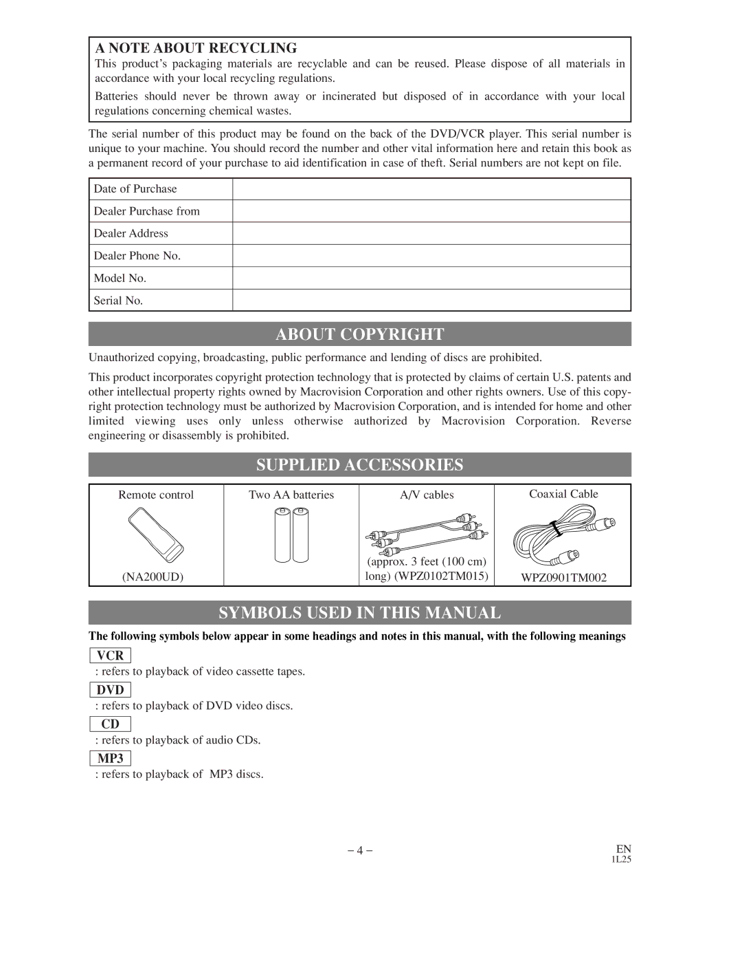 Symphonic WF802 About Copyright, Supplied Accessories, Symbols Used in this Manual, Refers to playback of MP3 discs 