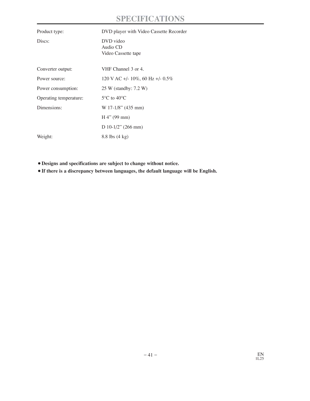 Symphonic WF802 owner manual Specifications 