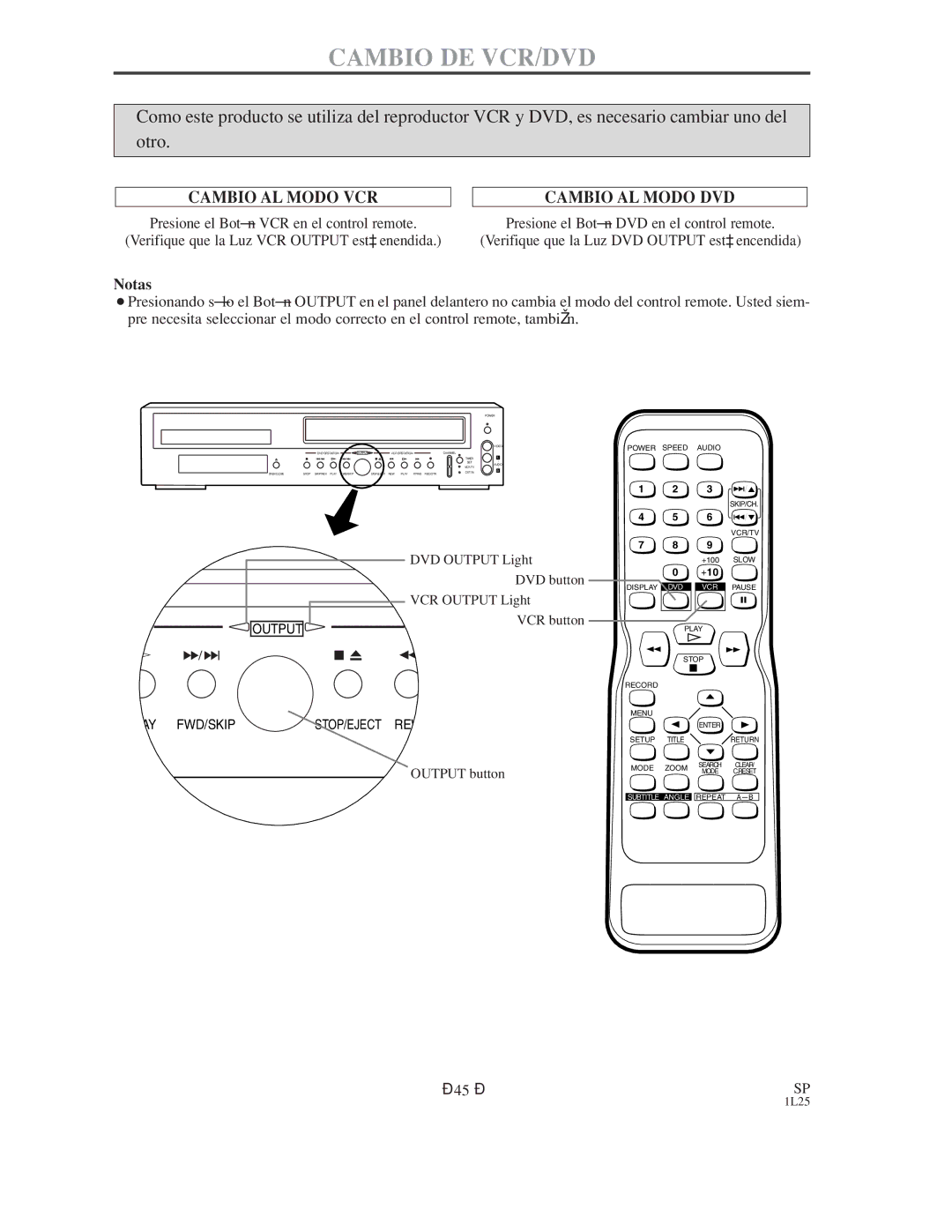 Symphonic WF802 owner manual Cambio DE VCR/DVD, Cambio AL Modo VCR 