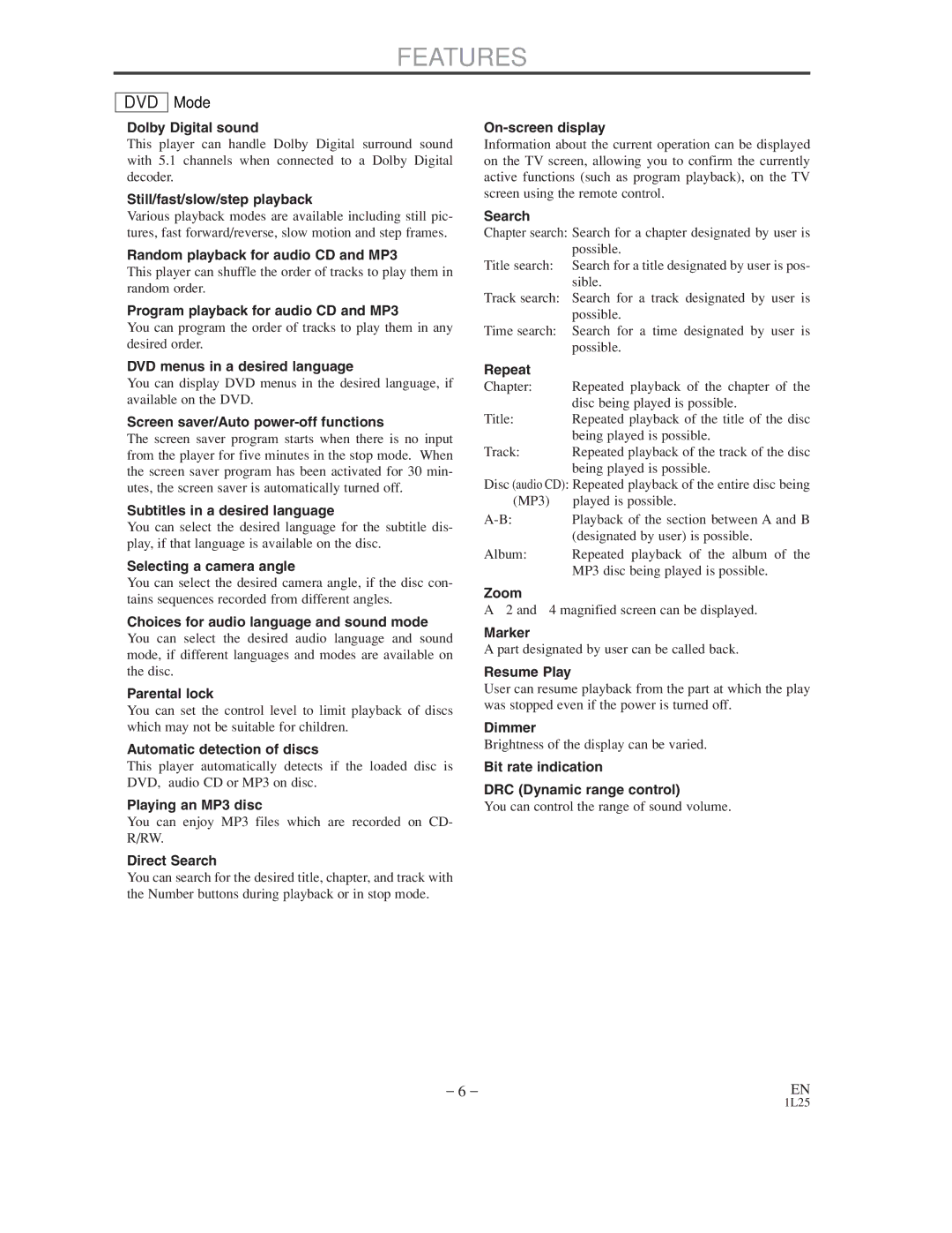 Symphonic WF802 owner manual Features, DVD Mode 