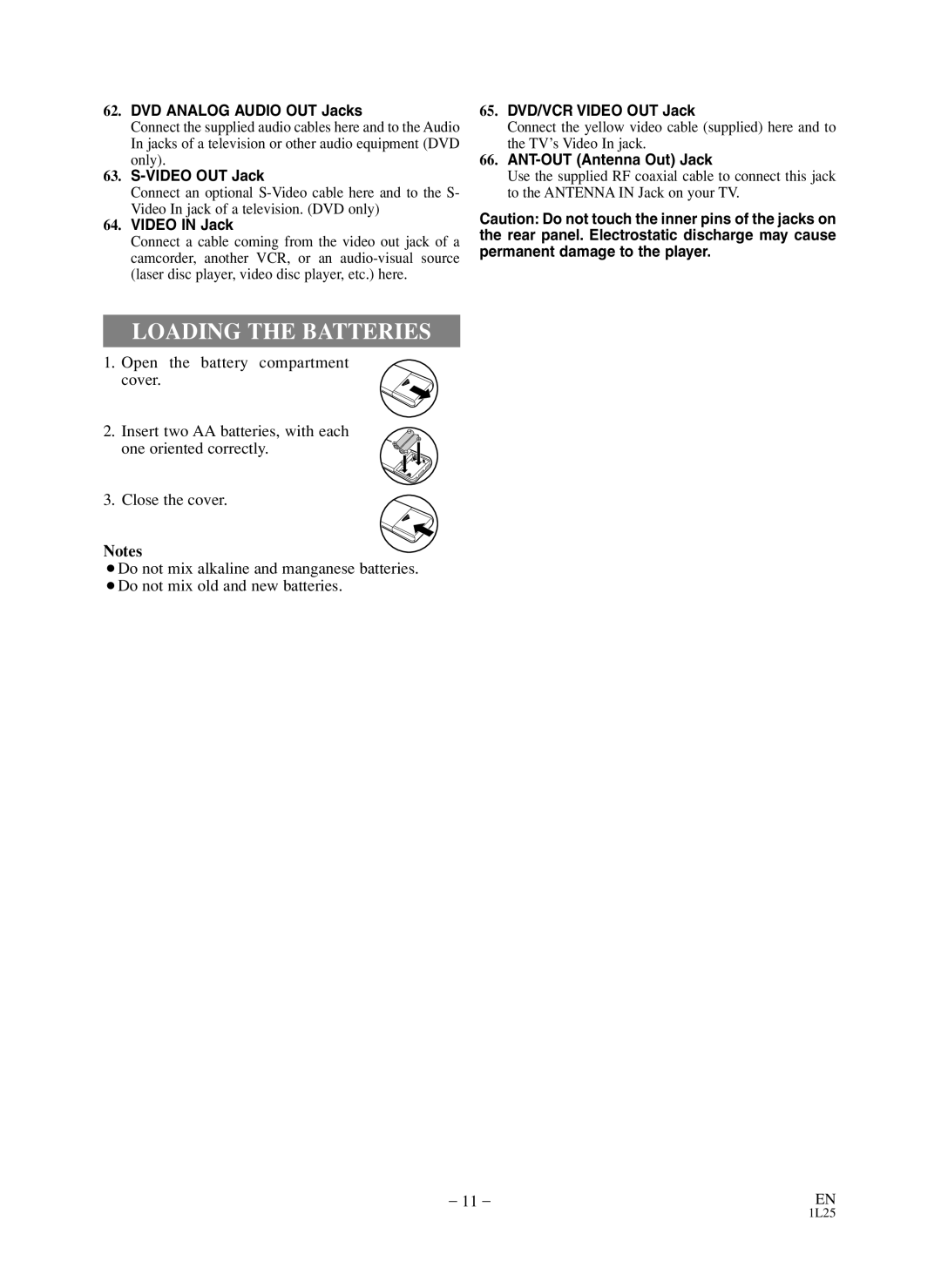 Symphonic WF803 owner manual Loading the Batteries, DVD Analog Audio OUT Jacks 