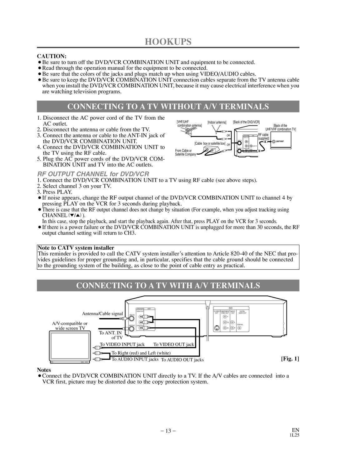 Symphonic WF803 owner manual Hookups, Connecting to a TV Without A/V Terminals, Connecting to a TV with A/V Terminals 