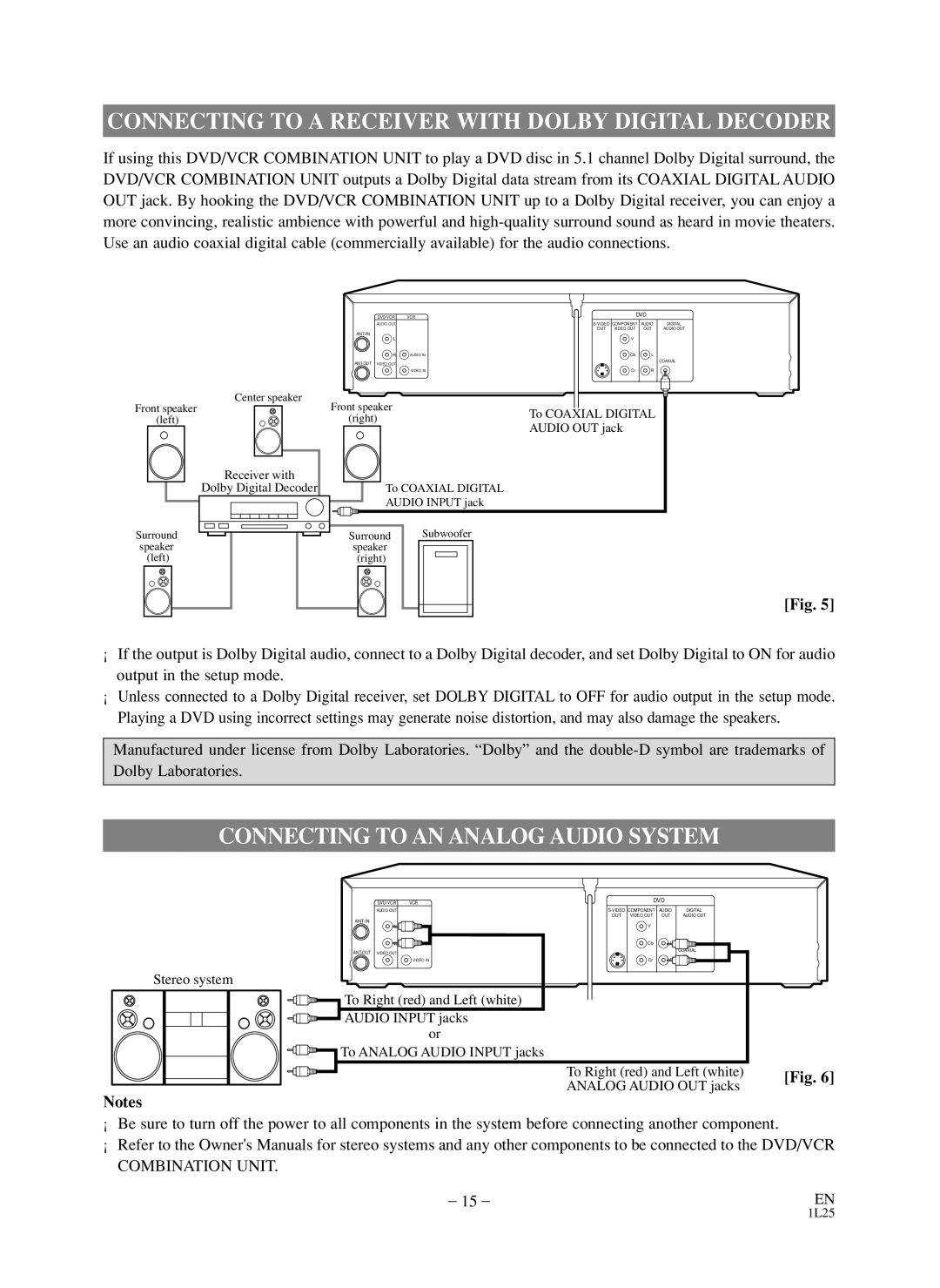 Symphonic WF803 owner manual Connecting to a Receiver with Dolby Digital Decoder, Connecting to AN Analog Audio System 