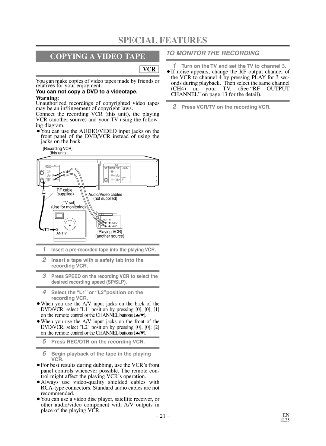 Symphonic WF803 owner manual Special Features, Copying a Video Tape, To Monitor the Recording 