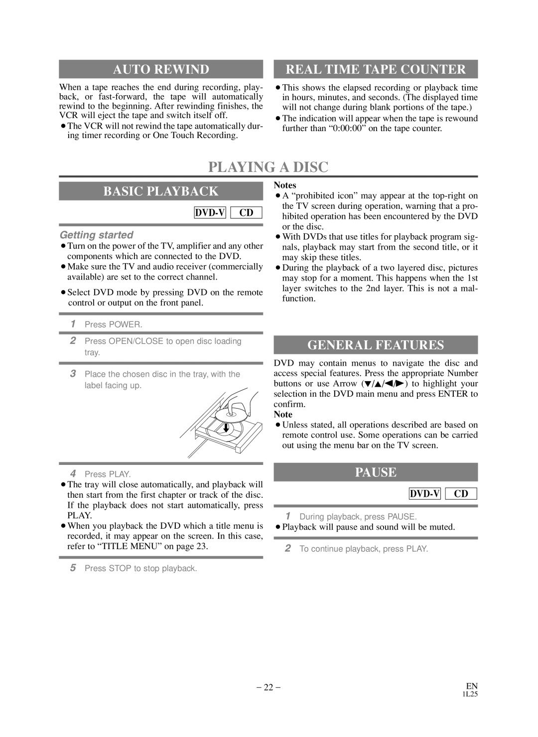 Symphonic WF803 owner manual Playing a Disc, Auto Rewind, Basic Playback, General Features, Pause 