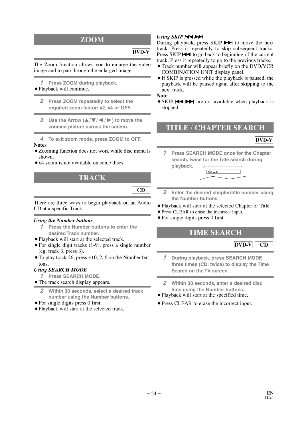 Symphonic WF803 owner manual Zoom, Track, Title / Chapter Search, Time Search 