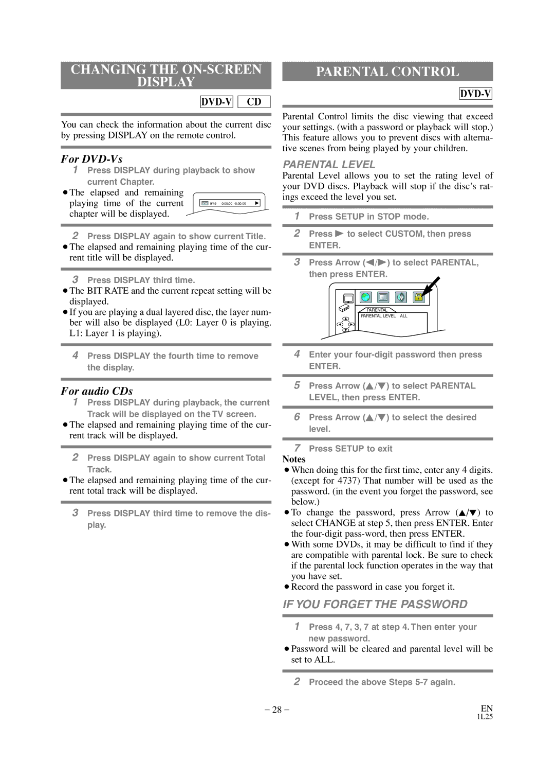 Symphonic WF803 owner manual Changing the ON-SCREEN Display, Parental Control, Parental Level, Chapter will be displayed 