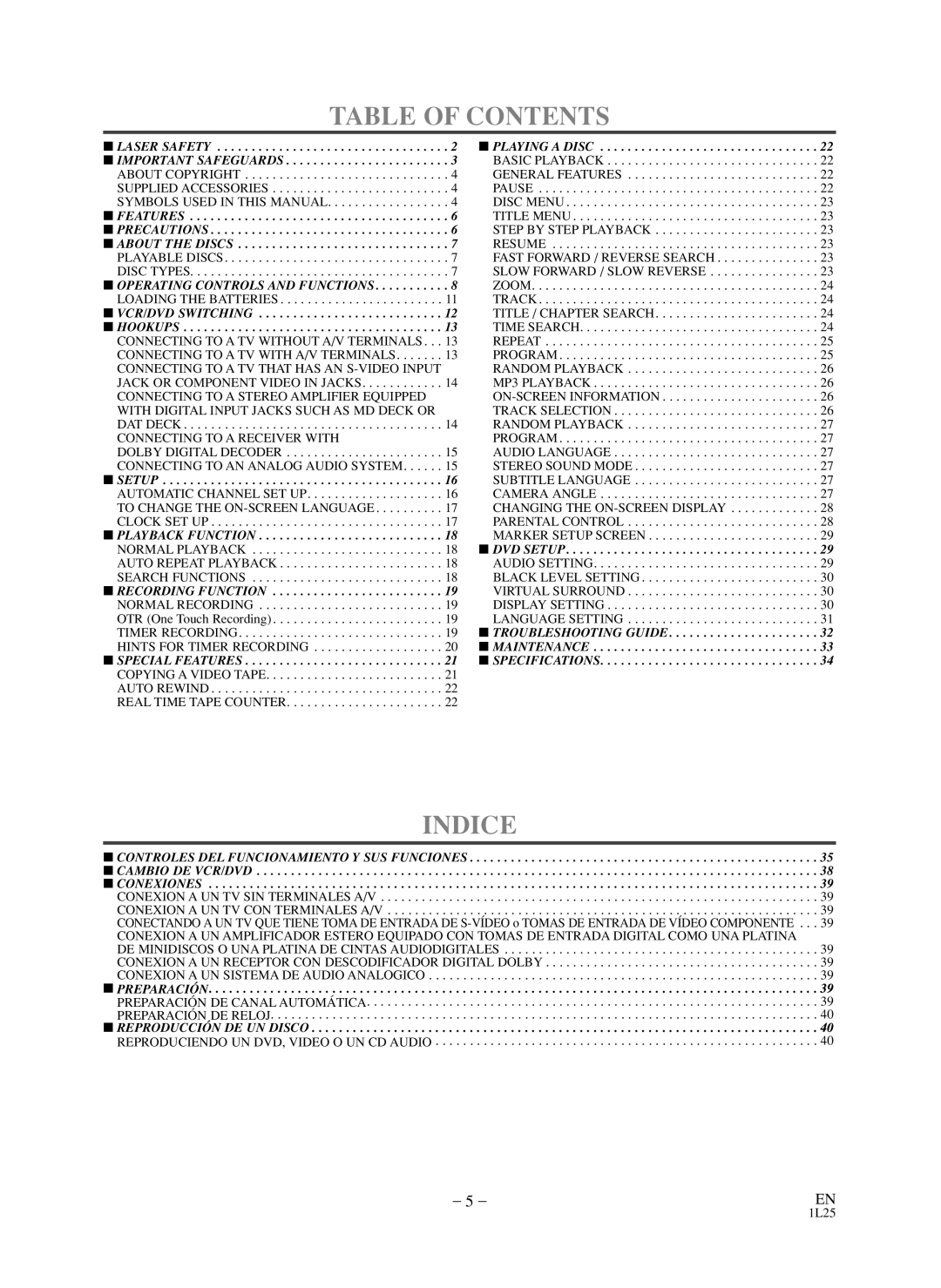 Symphonic WF803 owner manual Table of Contents, Indice 