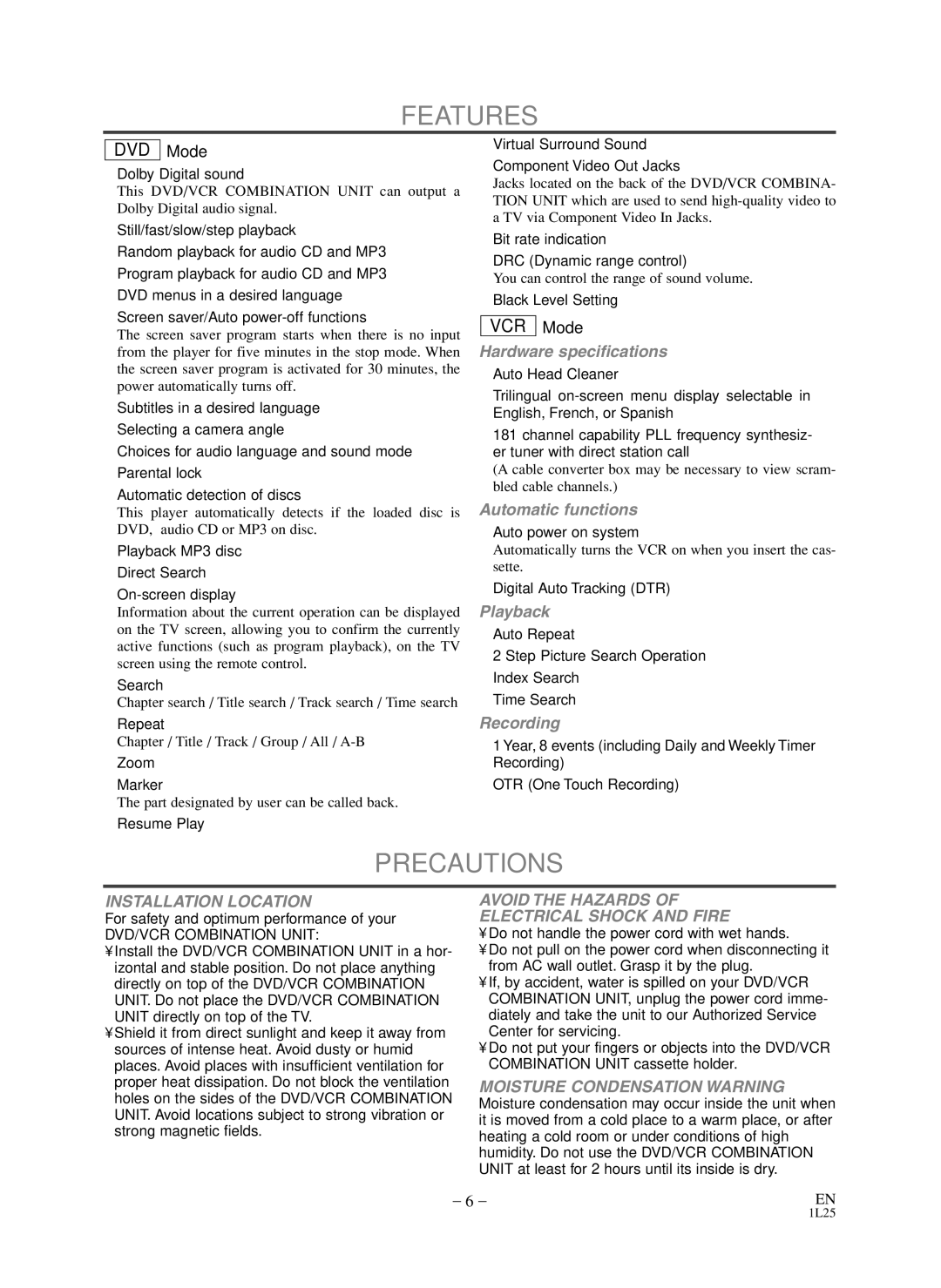 Symphonic WF803 owner manual Features, Precautions 