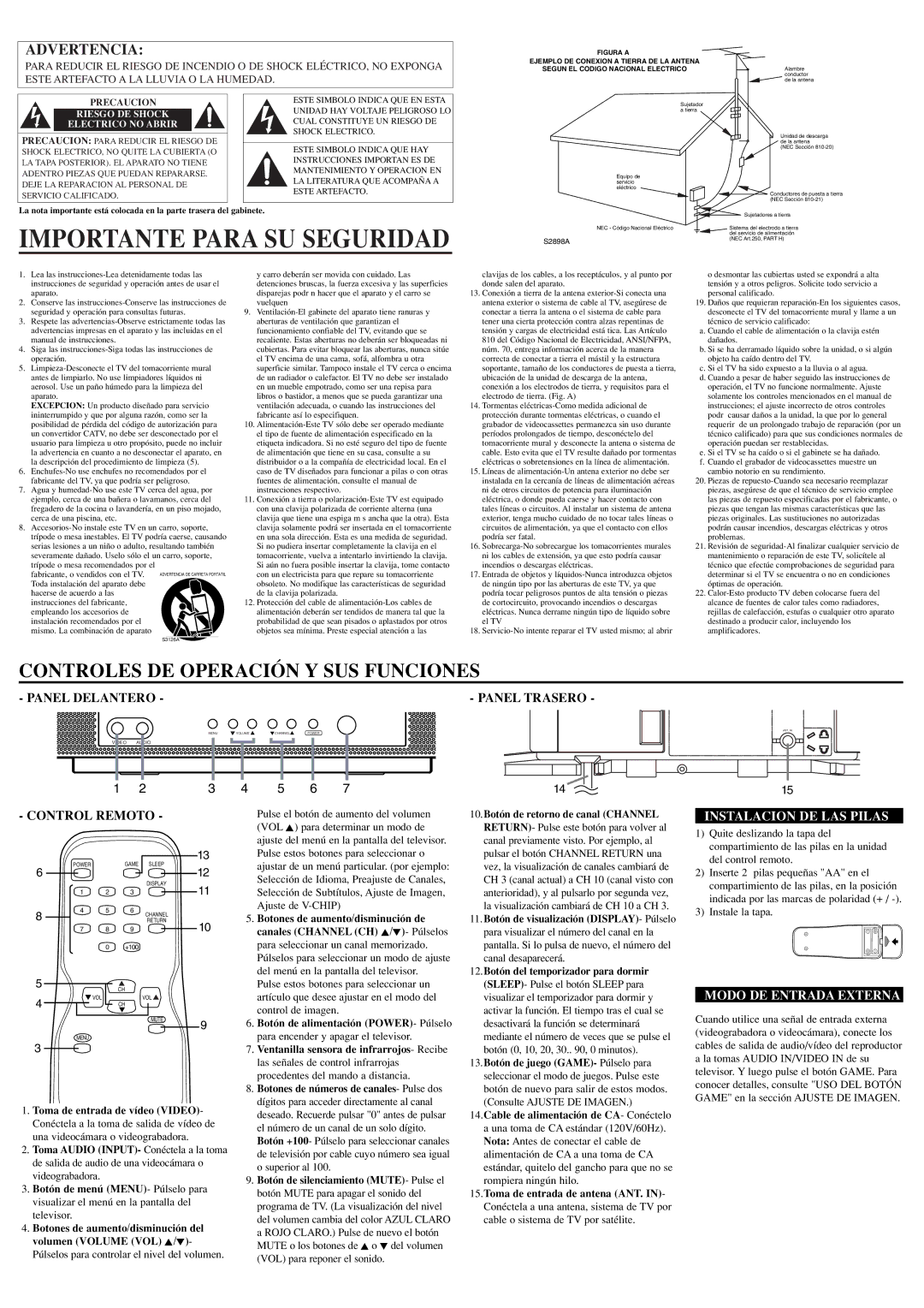 Symphonic WFT20M4 owner manual Importante Para SU Seguridad, Panel Trasero, Control Remoto, Instalacion DE LAS Pilas 