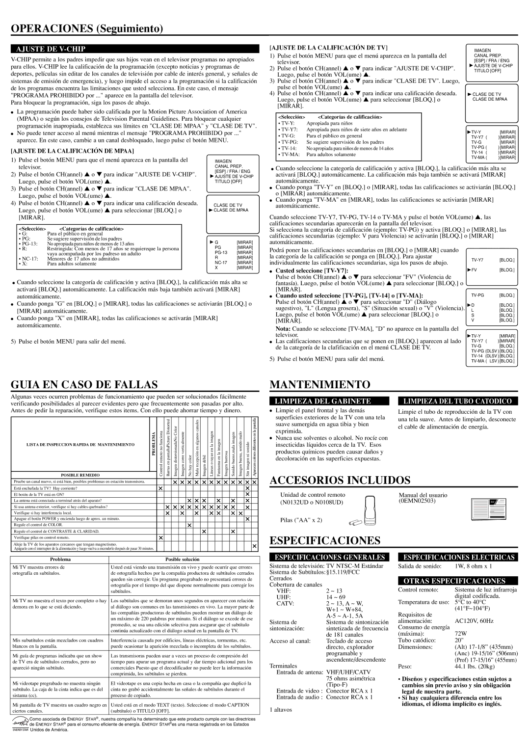 Symphonic WFT20M4 Operaciones Seguimiento, Guia EN Caso DE Fallas, Mantenimiento, Accesorios Incluidos, Especificaciones 