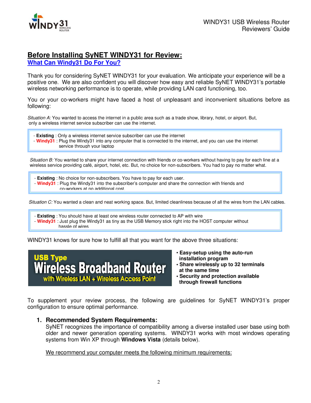 Synet electronic manual Before Installing SyNET WINDY31 for Review, Recommended System Requirements 