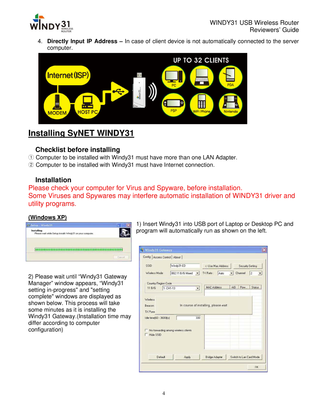 Synet electronic manual Installing SyNET WINDY31, Checklist before installing, Installation 