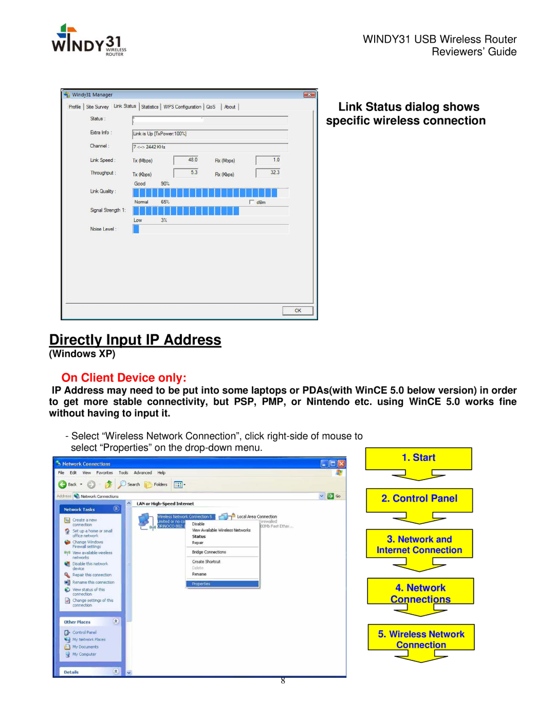 Synet electronic WINDY31 manual Directly Input IP Address, Link Status dialog shows specific wireless connection 