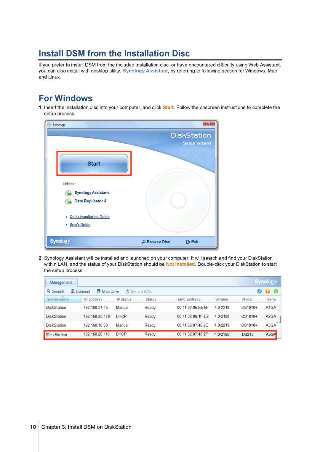 Synology DS213 manual Install DSM from the Installation Disc, For Windows 