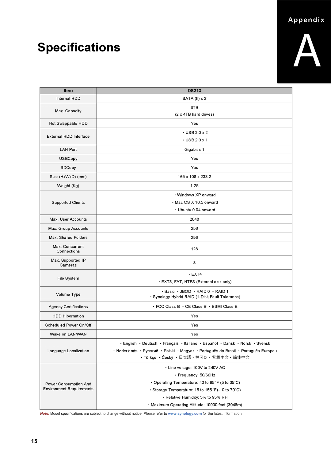 Synology DS213 manual Appendix a Specifications 