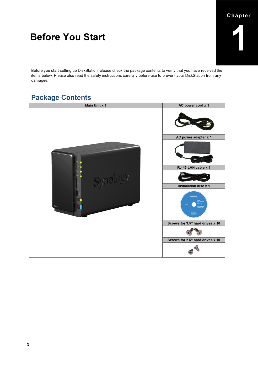 Synology DS213 manual Before You Start, Package Contents 