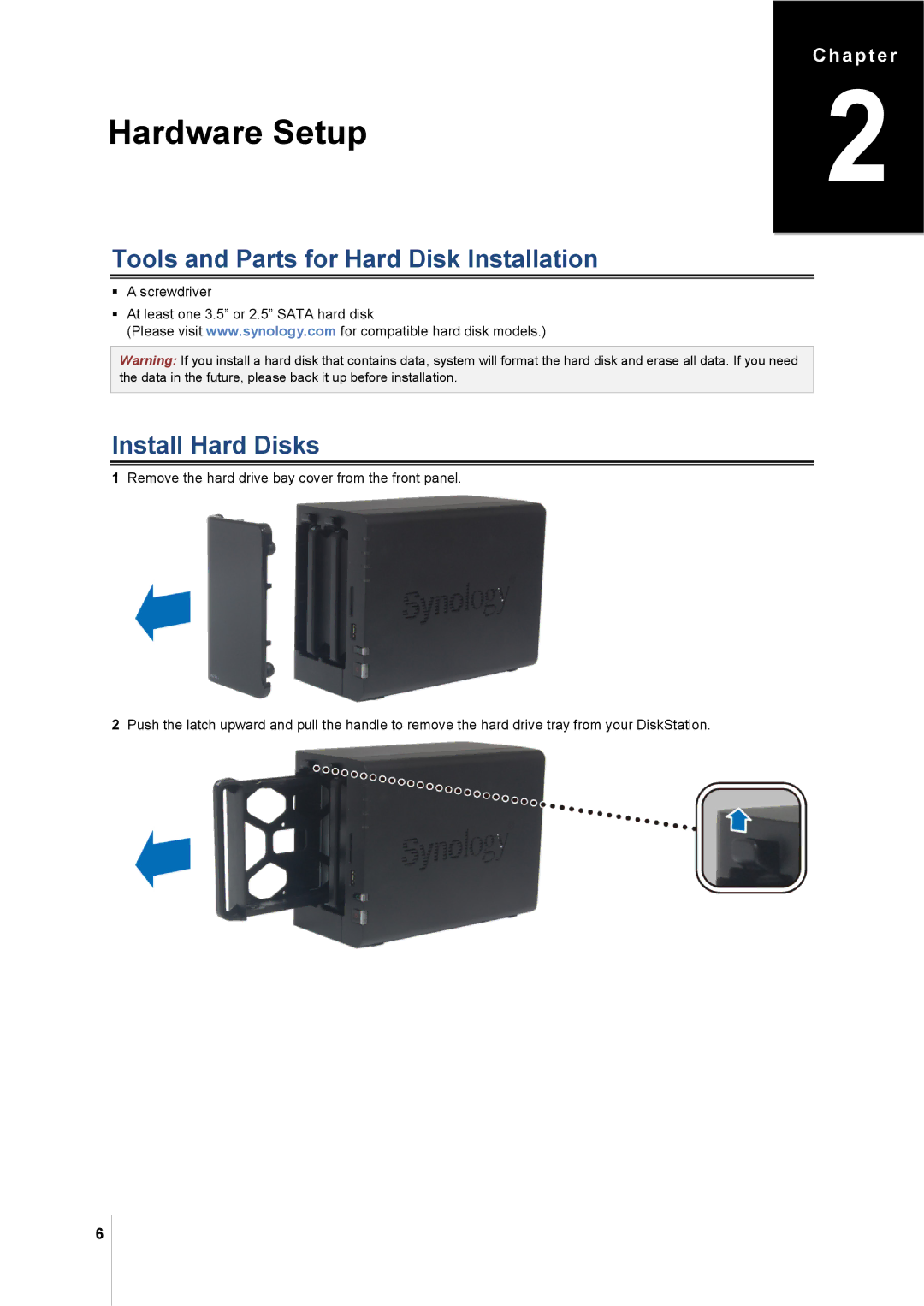 Synology DS213 manual Tools and Parts for Hard Disk Installation, Install Hard Disks 