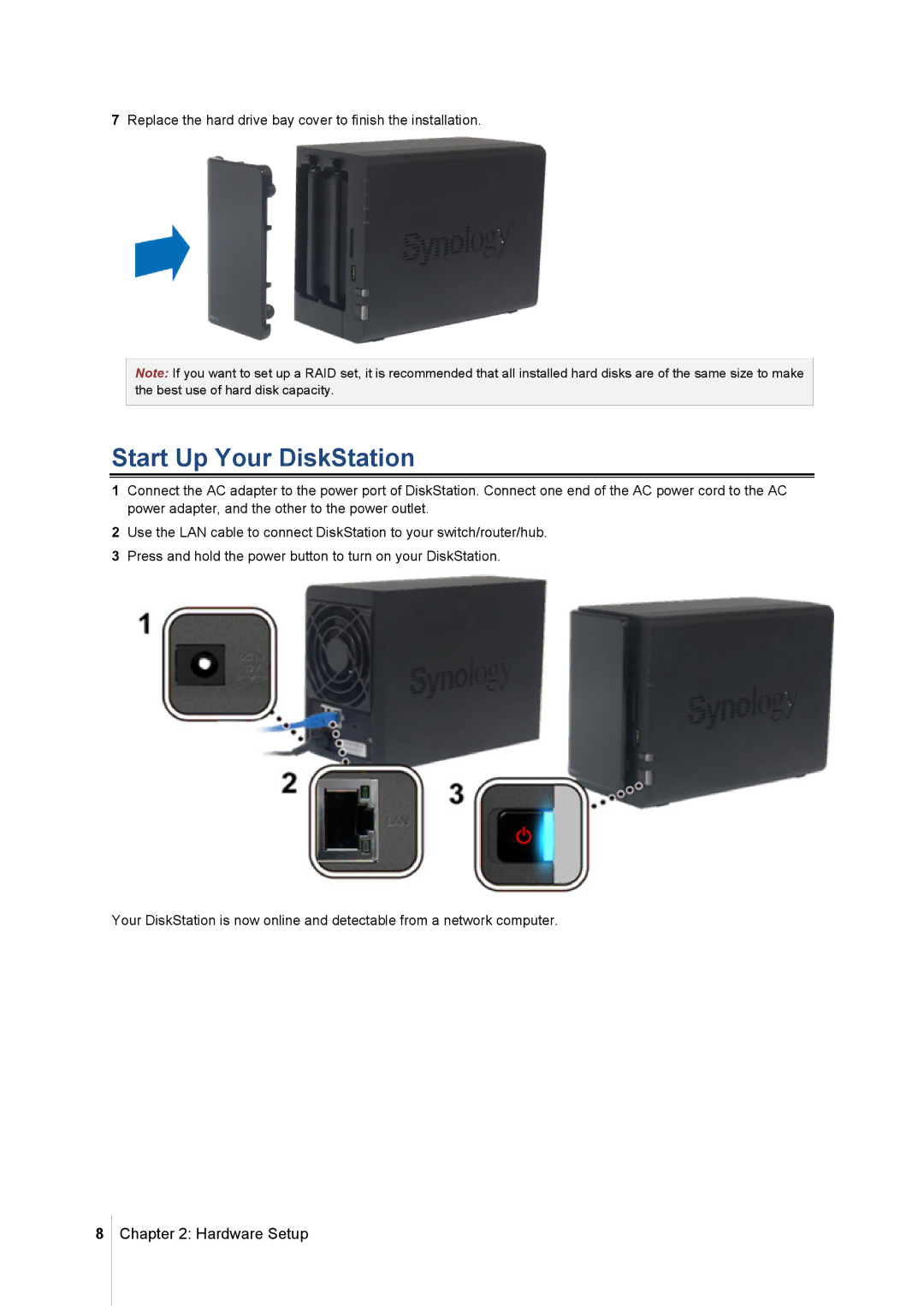 Synology DS213 manual Start Up Your DiskStation 