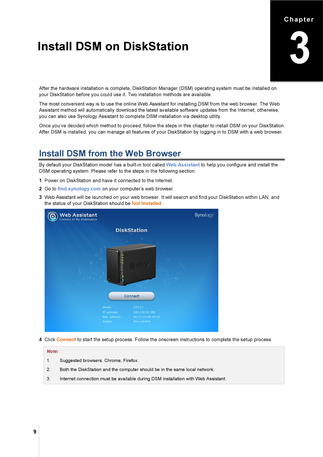 Synology DS213 manual Install DSM on DiskStation, Install DSM from the Web Browser 