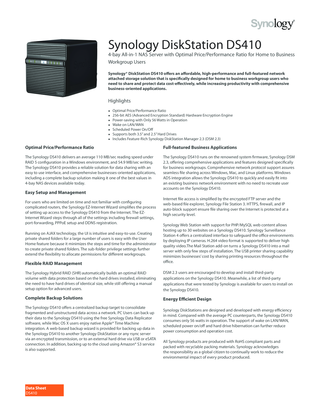 Synology manual Data Sheet, Synology DiskStation DS410, Highlights, Optimal Price/Performance Ratio 