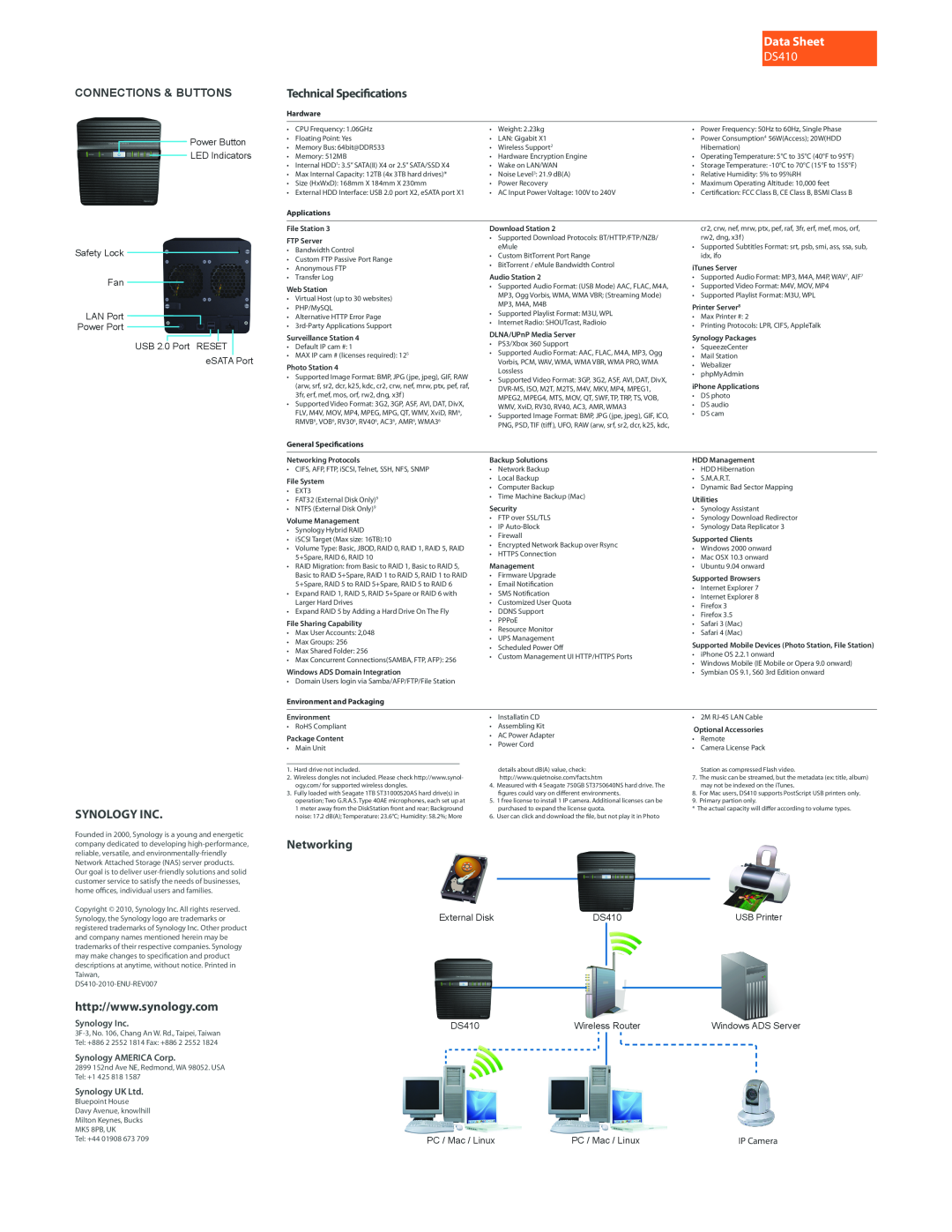 Synology DS410 manual Data Sheet, Technical Specifications, Synology Inc, Networking, Connections & Buttons 