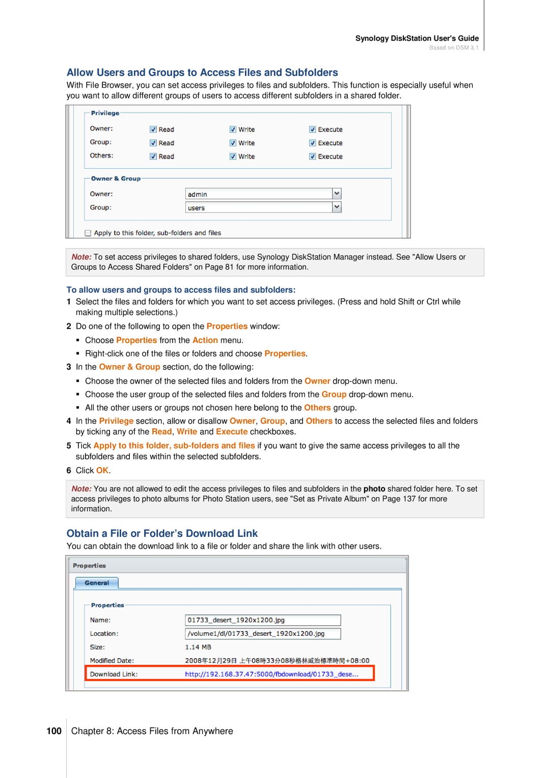 Synology DS411SLIM Allow Users and Groups to Access Files and Subfolders, Obtain a File or Folder’s Download Link, 100 