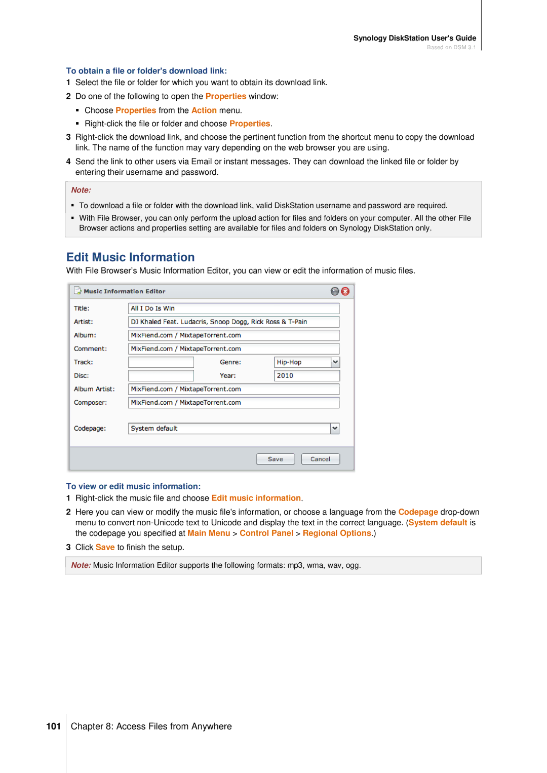 Synology DS411SLIM manual Edit Music Information, 101, To obtain a file or folders download link 