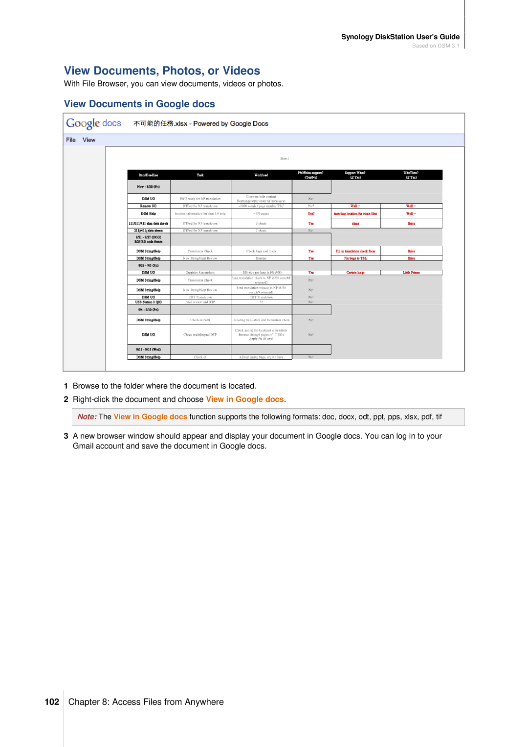 Synology DS411SLIM manual View Documents, Photos, or Videos, View Documents in Google docs, 102 